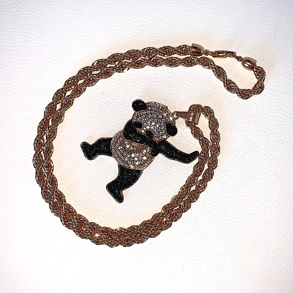 Iced-Out Bling Panda Dabs Chunky Rhinestone/Gold Statement Necklace - Picture 6 of 9